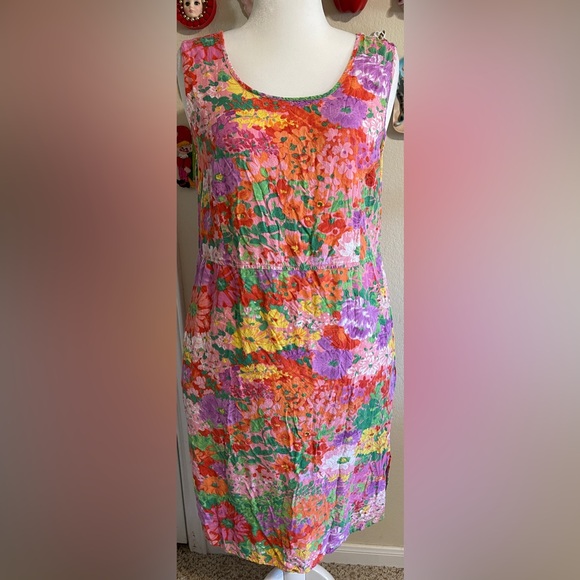 Vtg Jams World Floral Shift Dress Hawaiian Cotton Sleeveless Artsy Boho Y2K XL - Picture 2 of 9